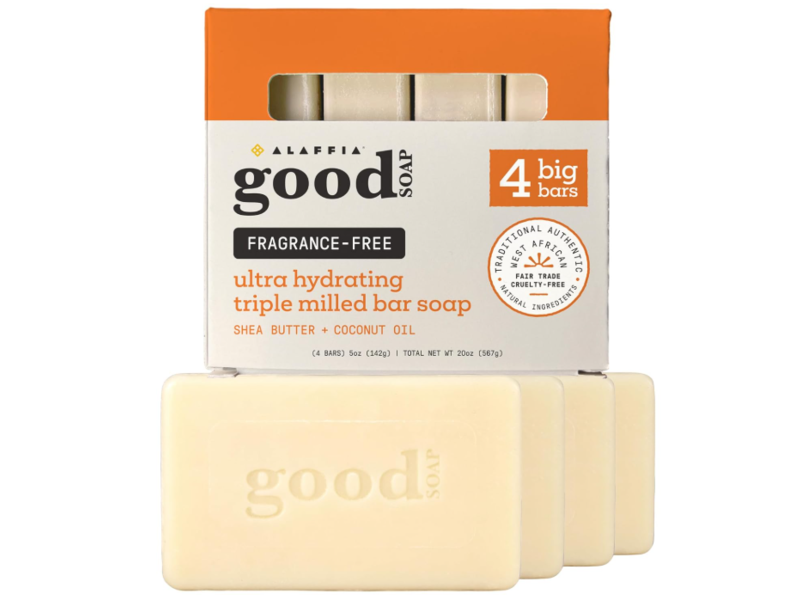 Alaffia Ultra Hydrating Triple Milled Bar Soap, Fragrance-Free, Shea Butter + Cocont Oil, 5 oz/142 g, Pack Of 4