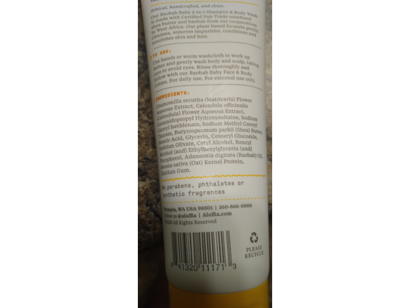 Alaffia Baobab Baby 2 In 1 Shampoo & Body Wash, Unscented, 8 fl oz/236 mL