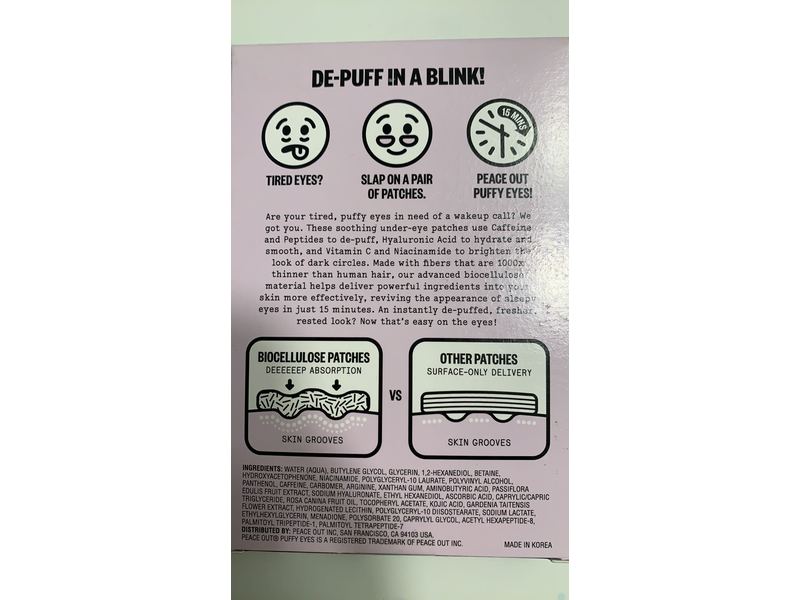 Peace Out Puffy Eyes Biocellulose Under-Eye Patches, Caffeine, Niacinamide & Hyaluronic Acid, 6 Pairs