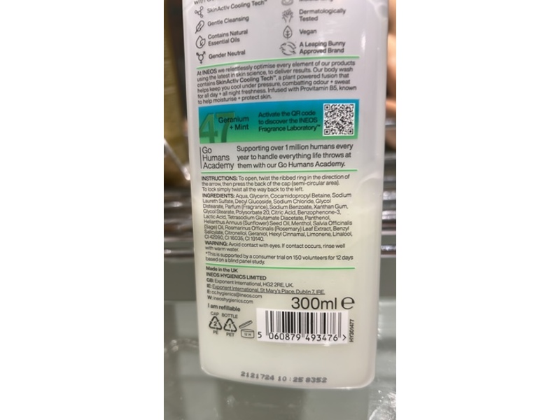 Ineos Skin Science Body Wash, Geranium & Mint, 300 mL