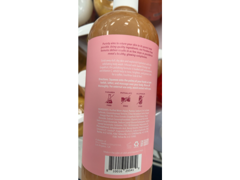 Purivity Body Wash, Sweet Orange + Grapefruit, 33.8 fl oz/1 L