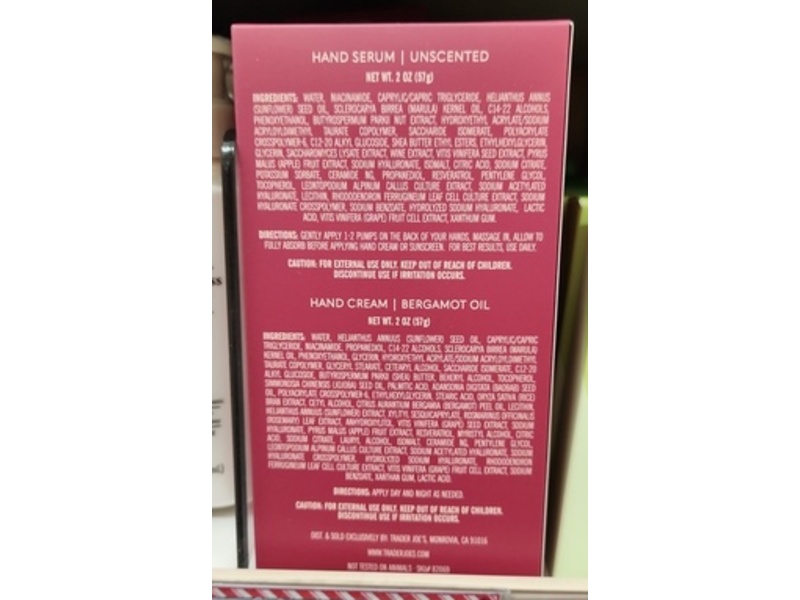Trader Joe's Hand Serum & Cream Duo, Unscented, Bergamot Oil, 2 oz/57 g