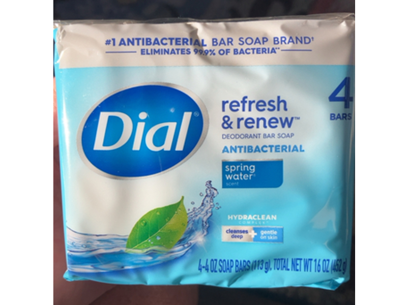 Dial Refresh & Renew Antibacterial Deodorant Bar Soap, Spring Water Scent, 4 oz/113 g, 4 Count