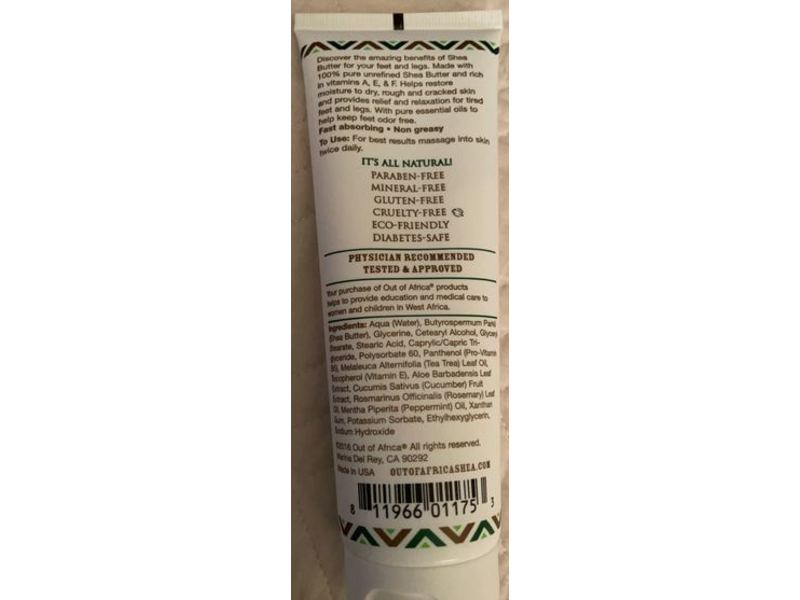 Out Of Africa Shea Butter Foot & Leg Cream, Peppermint Menthol & Tea Tree, 4 oz/118.3 mL