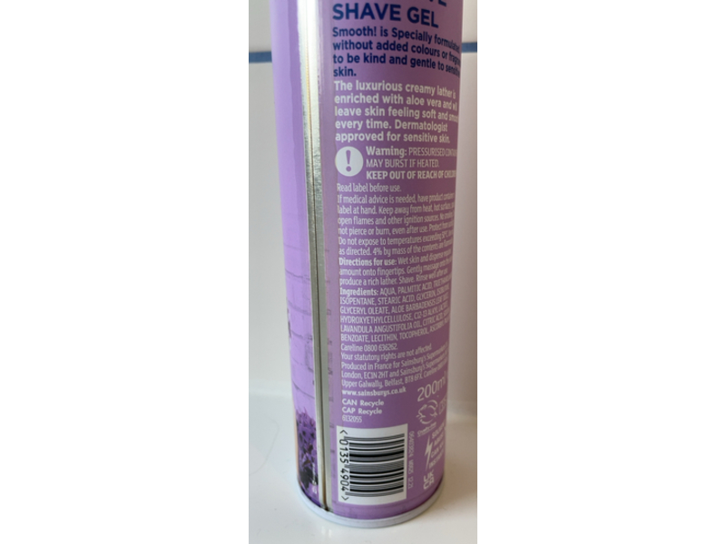 Sainbury's Smooth! Sensitive Shave Gel, Lavender & Aloe, 200 mL