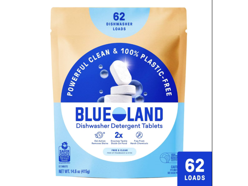 Blue Land Dishwasher Detergent Tablets, Free & Clear, 14.6 oz/415 g, 62 Loads