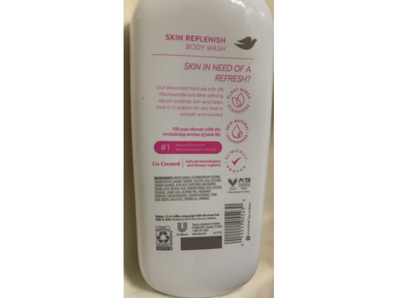 Dove Skin Replenish Body Wash, Pink Lily, 18.5 fl oz/547 mL