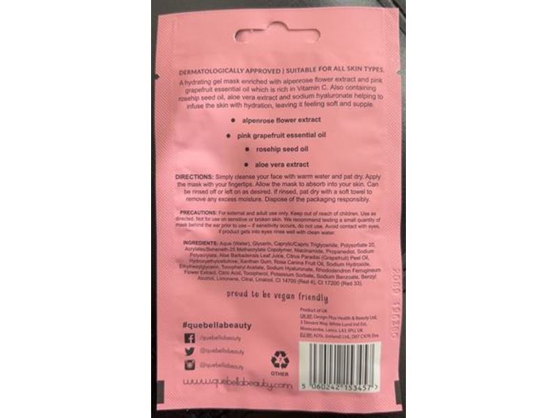 Que Bella Bath & Beauty Hydrating Gel Mask, Pink Grapefruit & Rose, 0.5 oz/15 g