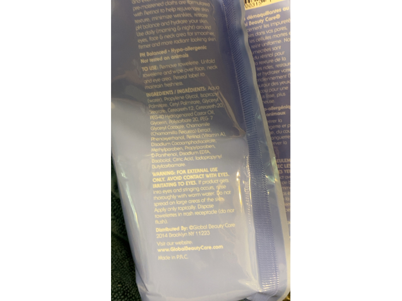 Global Beauty Care Retinol Cleansing Cloths & Makeup Removal Wipes, 60 Count