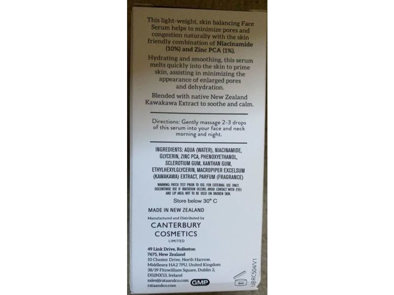 Rata & Co Calming Serum, 10% Niacinamide + 1% Zinc Pca, 1 2/3 fl oz/50 mL