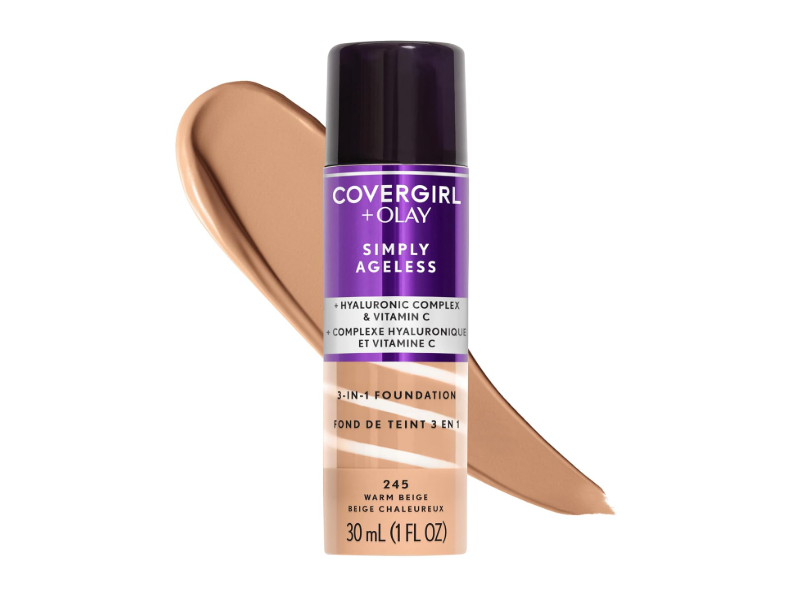 CoverGirl + Olay Simply Ageless 3-in-1 Liquid Foundation, 245 Warm Beige, 1 fl oz/30 mL