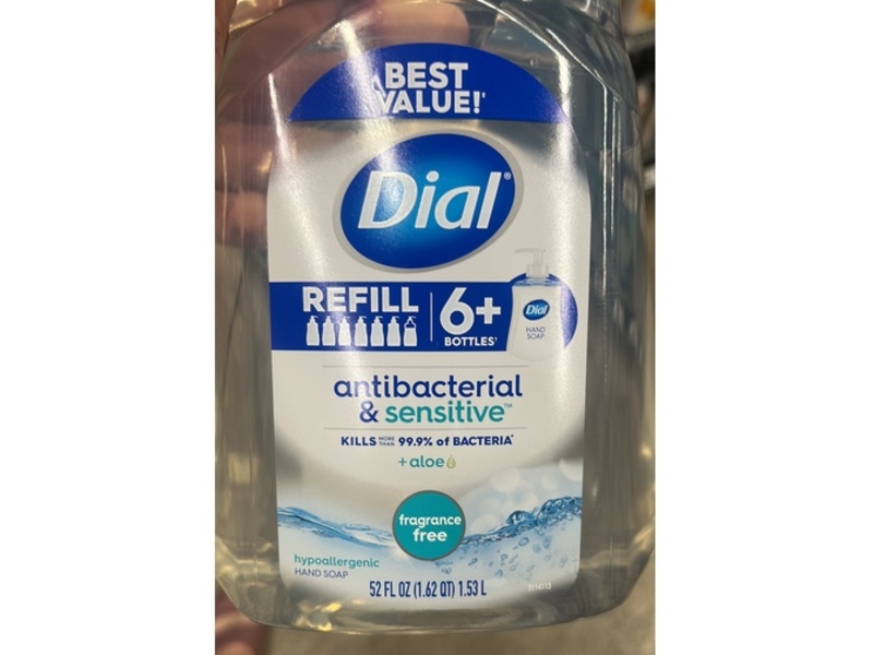 Dial Antibacterial & Sensitive Hand Soap Refill, Fragrance Free, Aloe, 52 fl oz/1.53 L, Pack Of 3