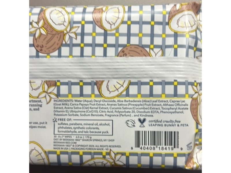 Beekman 1802 Face & Body Cleansing Wipes, Coconut Cream, 6 fl oz/70 g, 30 Count
