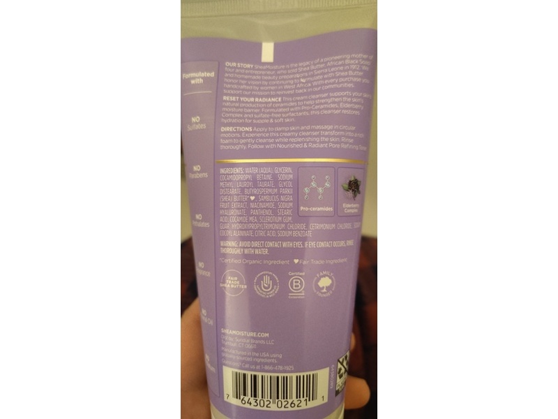 SheaMoisture Nourished & Radiant Gentle Cream Cleanser, Pro-Ceramides + Elderberry Complex, 6 fl oz/177 mL