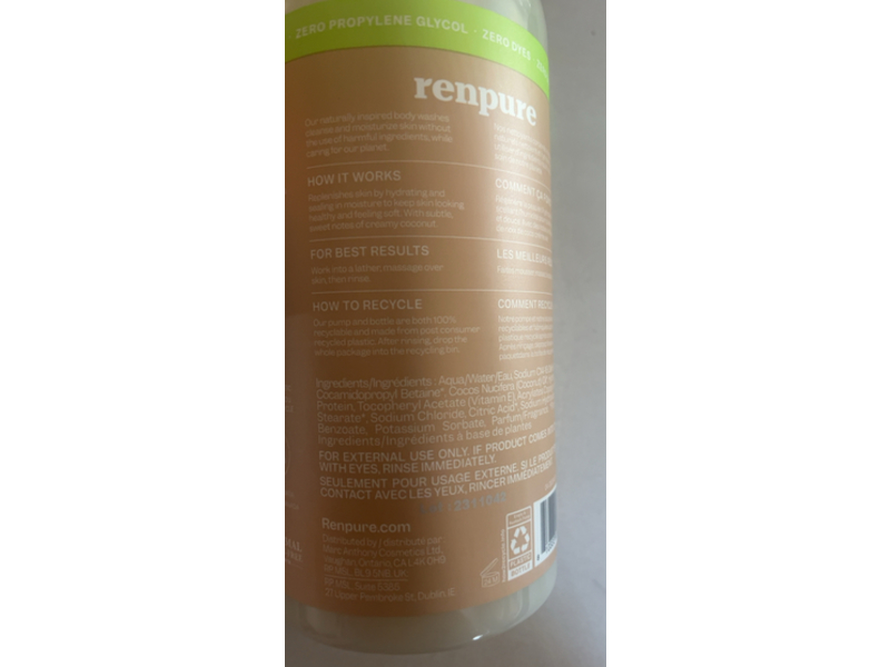 Renpure Moisturizing Body Wash, Coconut Milk & Vitamin E, 24 fl oz/710 mL