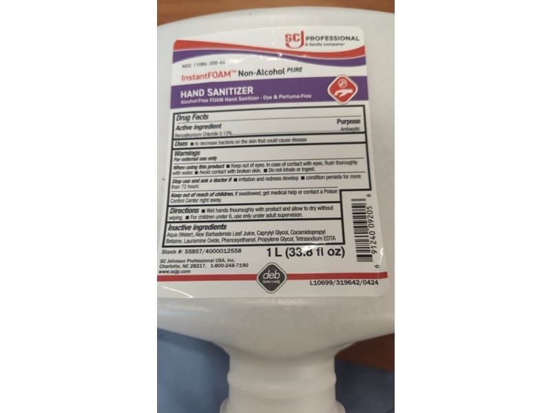 Scj Professional Instant Foam Non-Alcohol Pure Hand Sanitizer, 33.8 fl oz/1 L