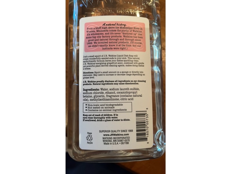 J.R.Watkins Home Care Dish Soap, Grapefruit, 24 fl oz/710 mL