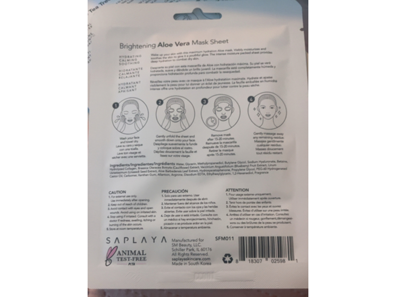 Saplaya Brightening Face Mask Sheet, Aloe Vera, 0.8 fl oz/25 mL