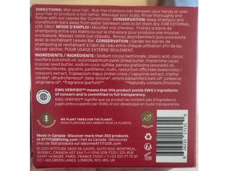 Attitude Leaves Nourishing Shampoo Bar, Sandalwood, 4 oz/11.3 g