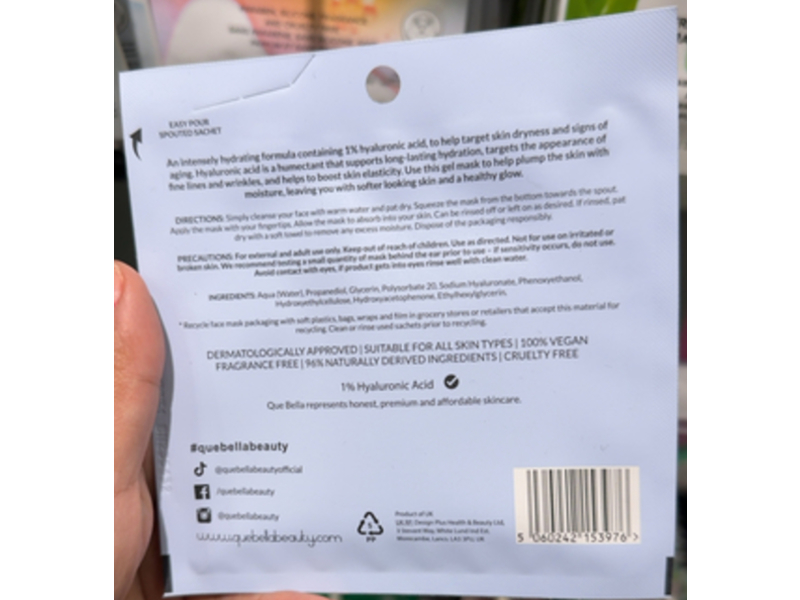 Que Bella 1% Hyaluronic Acid Gel Mask, Hydrate & Plump, 0.4 oz/12 g