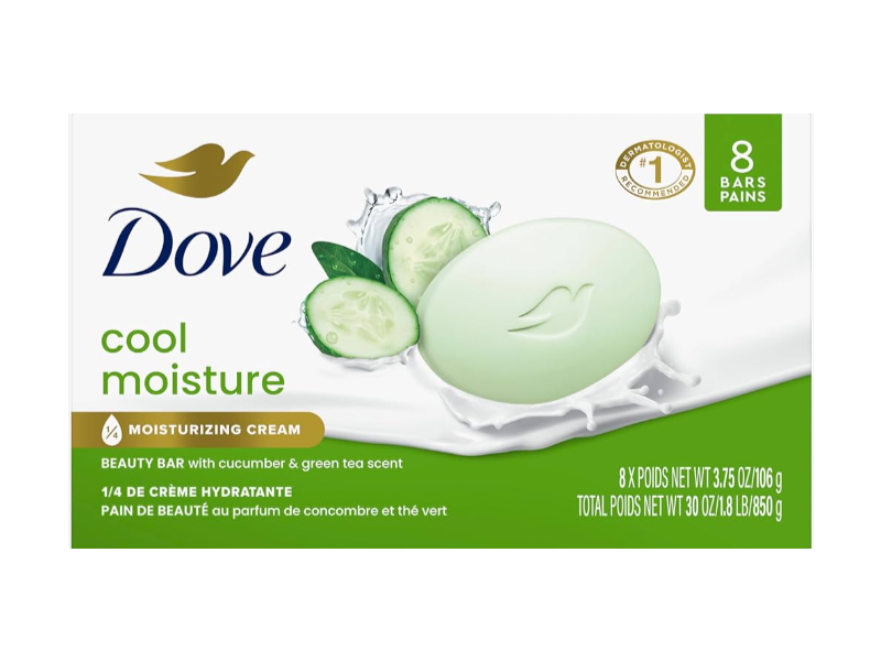 Dove Cool Moisture Beauty Bar, Cucumber & Green Tea Scent, 3.75 oz/106 g, Pack Of 16