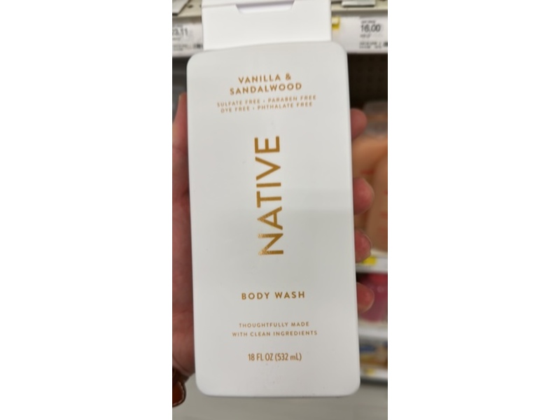 Native Body Wash, Vanilla & Sandalwood, 18 fl oz/532 mL