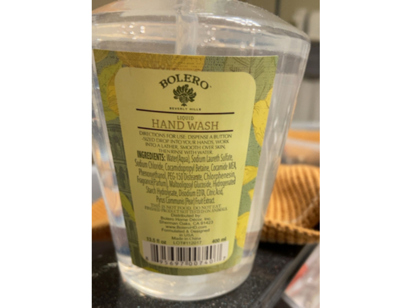 Bolero Beverly Hills Liquid Hand Wash, Italian Pear, 13.5 fl oz/400 mL