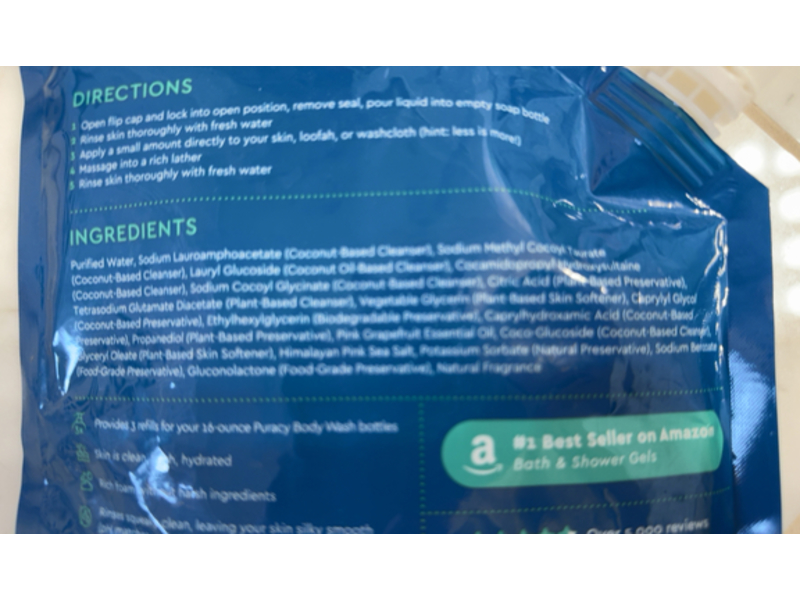 Puracy Natural Body Wash Refill, Citrus & Sea Salt, 48 fl oz/1418 mL