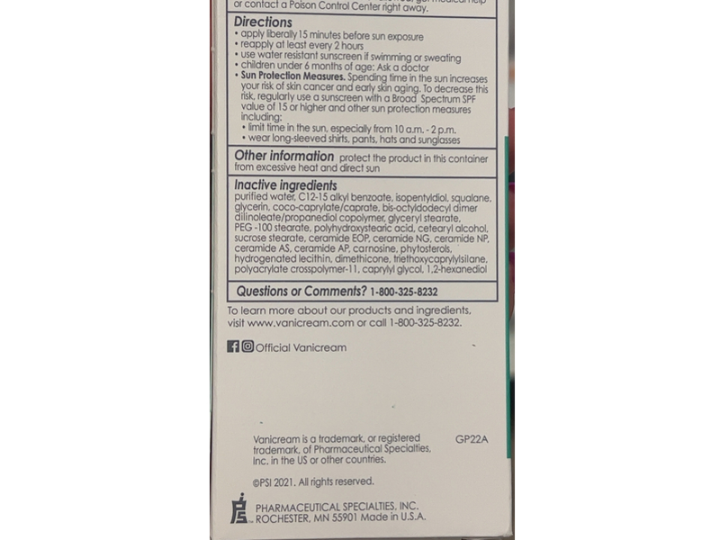 Vanicream Faical Mineral Sunscreen Moisturizer, SPF 30, 2.5 oz/71 g