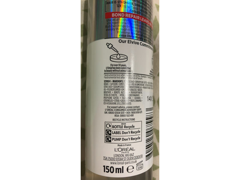 L'Oreal Paris Elvive Bond Repair Leave-In Serum, Citric Acid, 150 mL