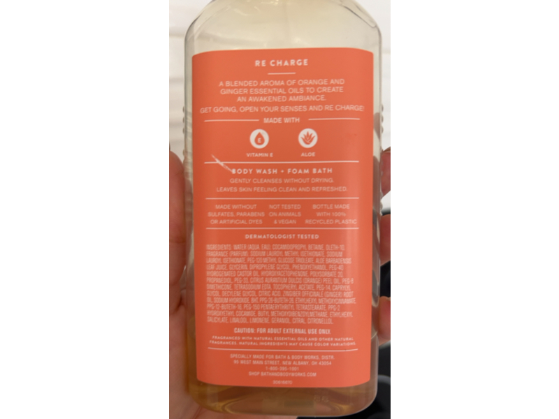 Bath & Body Works Re Charge Orange & Ginger Body Wash + Foam Bath, Vitamin E + Aloe, 10 fl oz/295 mL