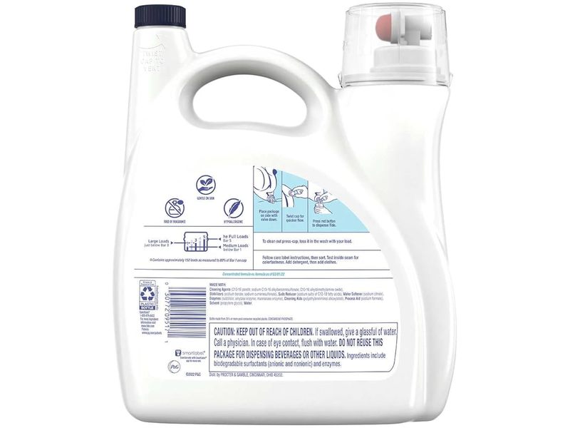 Tide Free & Gentle Liquid Laundry Detergent, Unscented, 152 Loads, 170 fl oz/5.02 L