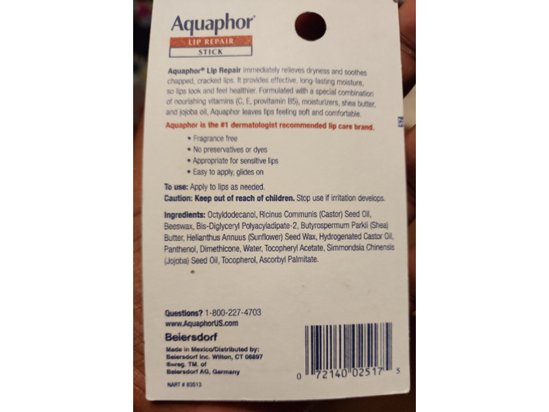 Aquaphor Lip Repair Stick, 0.17 oz/4.8 g, Pack Of 2