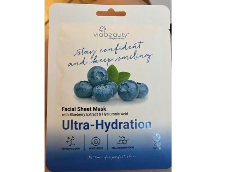 Via Beauty Ultra-Hydration Facial Sheet Mask, Blueberry Extract & Hyaluronic Acid, 22 g, 1 Count