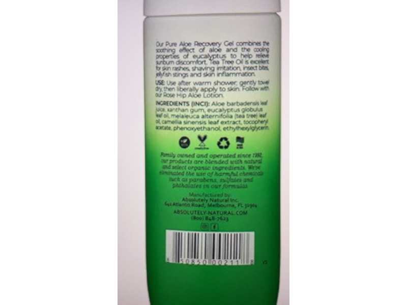 Absolutely Natural Recovery Gel, Pure Aloe Vera & Tea Tree, 6 fl oz/177 mL