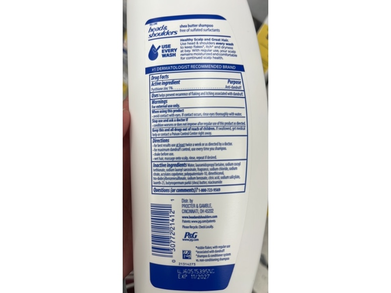 Head & Shoulders Pyrithione Zinc Dandruff Shampoo, Shea Butter, 12.5 fl oz/370 mL