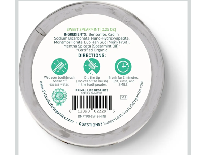 Primal Life Powdered Mineral Toothpaste, Sweet Spearmint, 0.25 oz/7 g