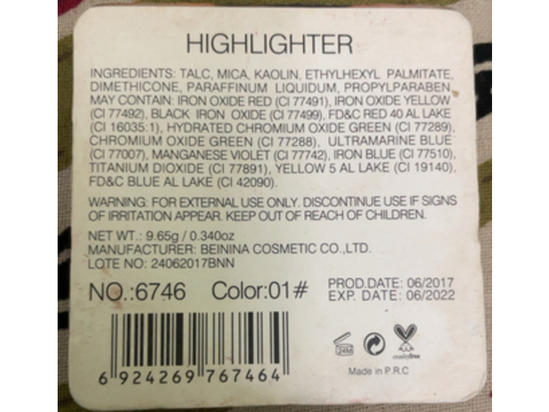 Beinina Cosmetic Co. S.F.R Color Face Highlighter, Color 01, 0.340 oz/9.65 g