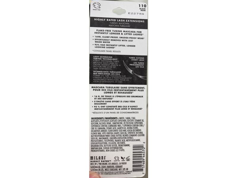 Milani Highly Rated Lash Extensions Tubing Mascara, Black, 0.35 fl oz