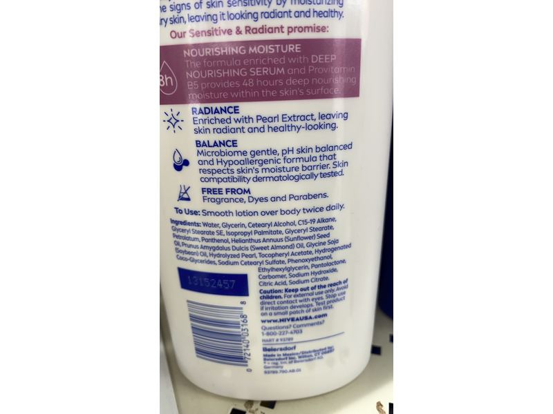 Nivea Sensitive And Radiant Body Lotion, Nourishing Serum, 16.9 fl oz/500 mL