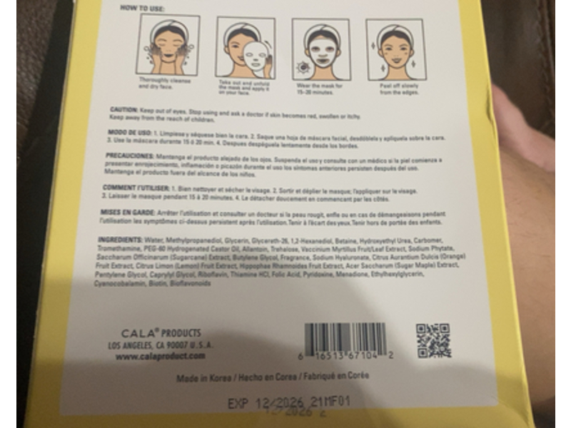 Cala Brightening & Age-Defying Essence Mask Sheets, Vitamin C, 0.81 fl oz/23 g, 5 Count