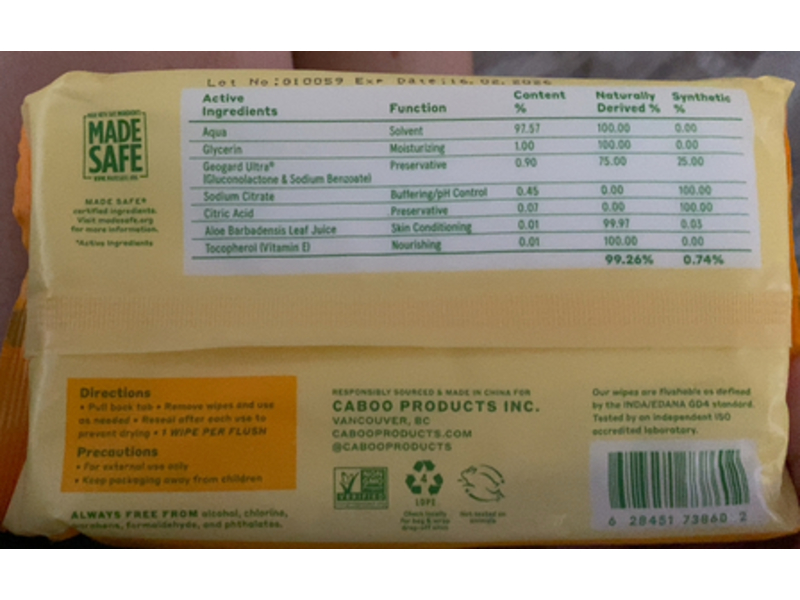 Caboo Flushable Bamboo Wipes, Aloe Vera & Vitamin E, 60 Count, Pack Of 3