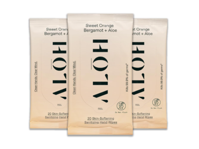 Aloh Skin Softening Sanitizing Hand Wipes, Sweet Orange Bergamot + Aloe, Pack Of 20, 3 Packs