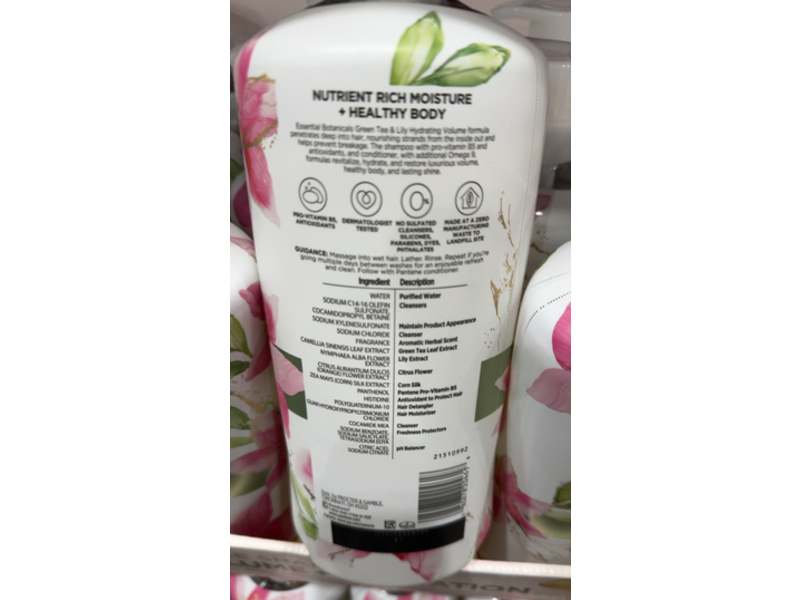 Pantene Essential Botanicals Hydrating Volume Shampoo, Green Tea + Lily + Pro-Vitamin B5, 38.2 fl oz/1.13 L