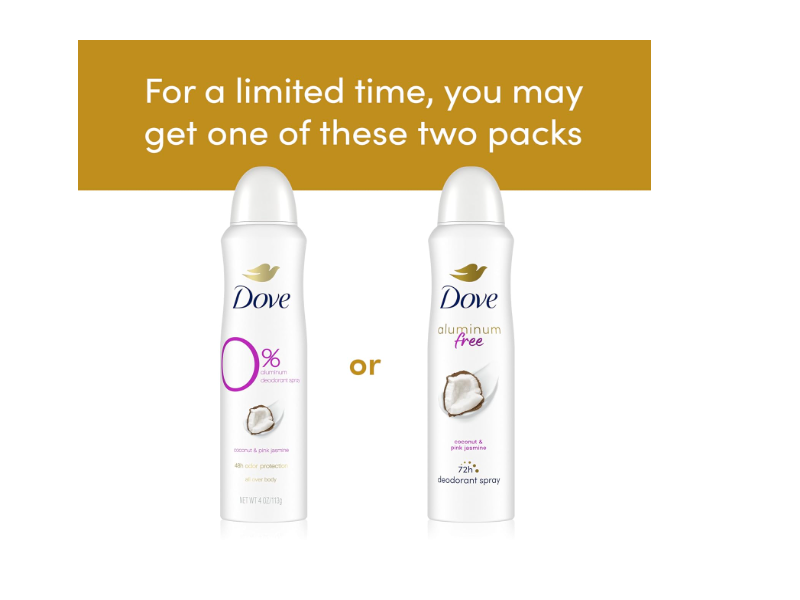 Dove 0% Aluminum Deodorant Spray, Coconut & Pink Jasmine, 4 oz/113 g, Pack Of 3