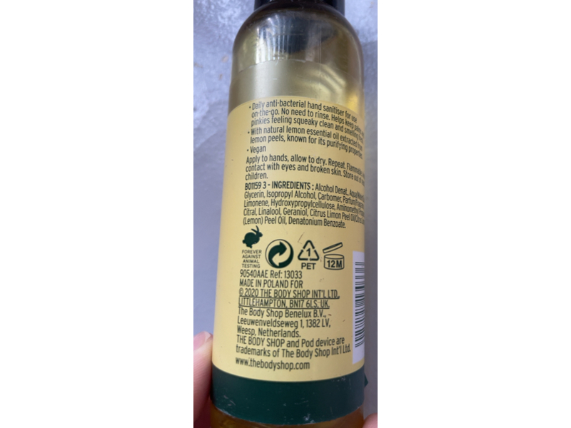 The Body Shop Cleansing Anti-Bacterial Hand Sanitiser, Lemon, 3.3 fl oz/100 mL