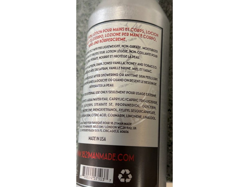 1821 Man Made Octane 500 Hand & Body Lotion, Limited Edition, Sweet Tobacco, 16.8 fl oz/500 mL