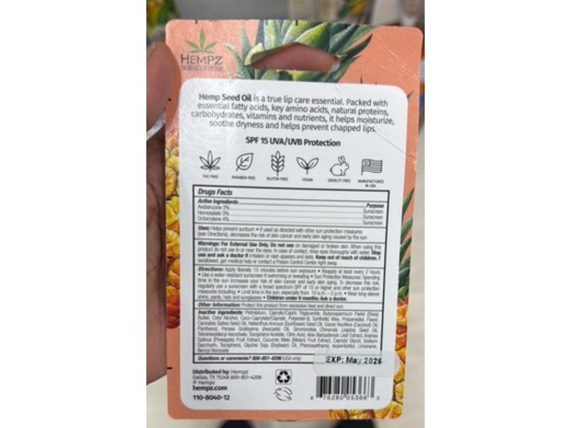 Hempz Lip Balm, Sweet Pineapple & Honey Melon, SPF 15, 0.44 fl oz/13 mL