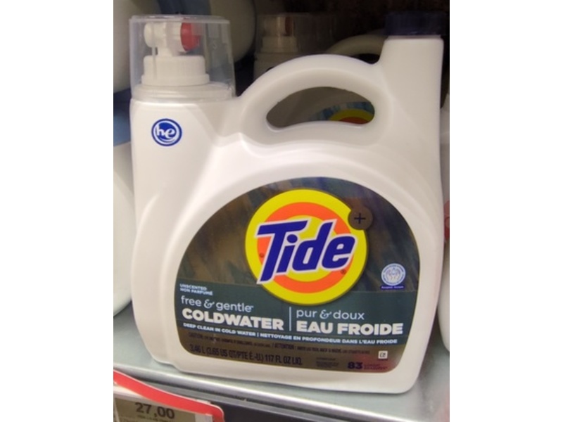 Tide+ Free & Gentle Coldwater Liquid Laundry Detergent, Unscented, 83 Loads, 117 fl oz/3.46 L