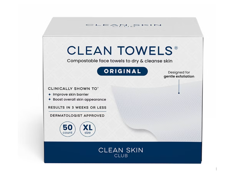 Clean Skin Club Clean Towels Compostable Face Towels, Original, XL, 50 Count